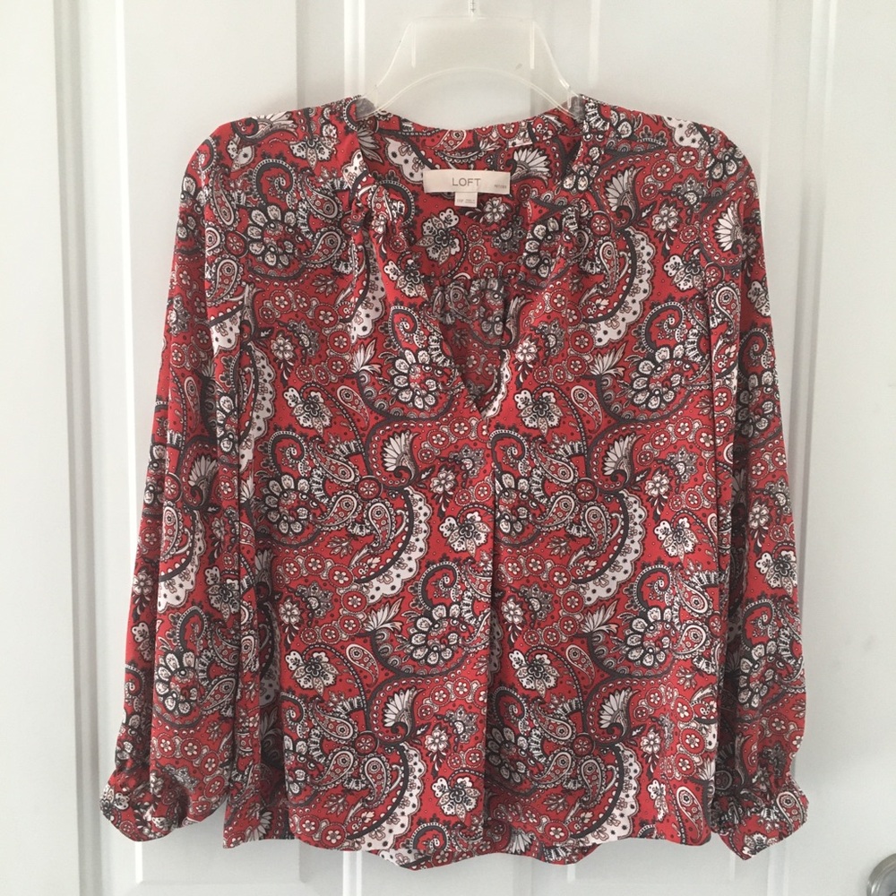 Loft Paisley Blouse Size XXSP Red Floral V Neck Pullover Boho Long Sleeve